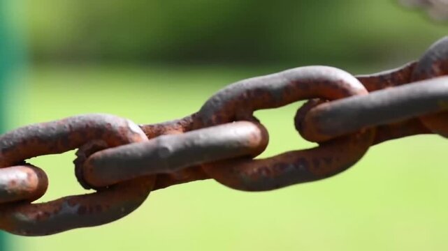 Close up of a rusty metal chain link on a blurred green background.