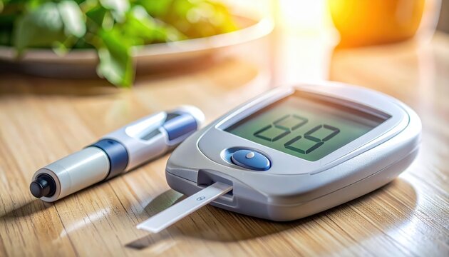 Digital glucometer with test strip displaying a blood glucose reading, set for health monitoring