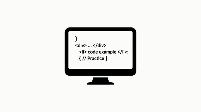 Clean single icon featuring a desktop monitor displaying coding examples for programming tutorials, web development courses, and software practice