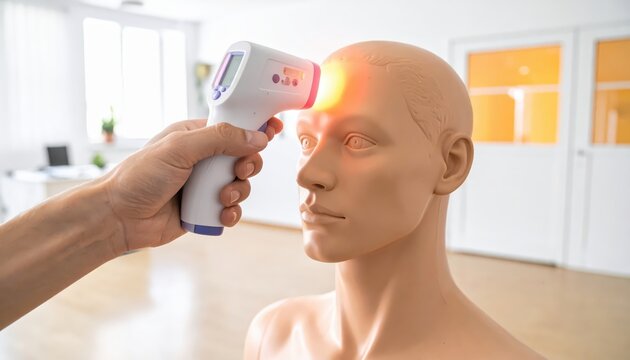 Digital infrared thermometer scanning forehead of mannequin, indicating health check and temperature reading.