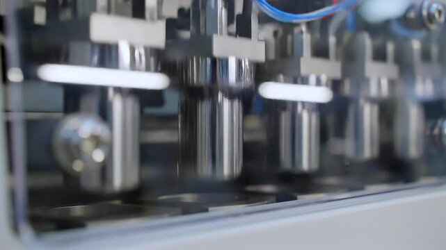 Compression punches moving rhythmically close-up transparent safety cover of tablet press machine for dosage forming, pharmaceutical production, quality control, and automated manufacturing workflow