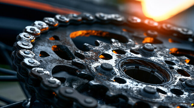 Motorcycle rear sprocket macro detail split dramatically half dark half bright, hardened steel teeth showing grinding wear on drive faces, chain roller contact marks polished bright against surround
