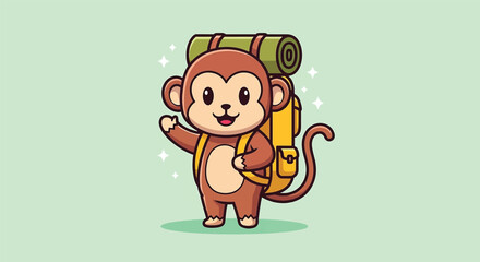 Cute monkey character wearing a travel backpack. © Caroline Studio