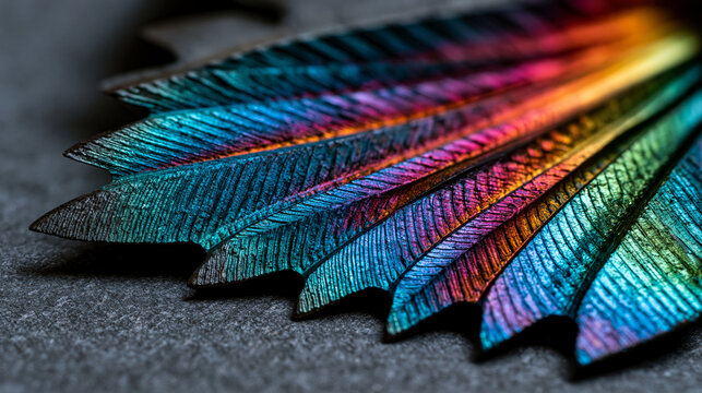 Titanium aerospace turbine blade leading edge macro detail, precision machined alloy surface micro-grooves, heat resistant coating iridescence, industrial engineering specimen hero shot, single comp