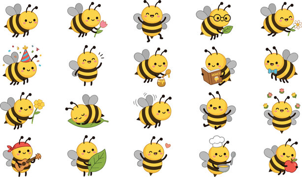 Cute honey bee character emoji collection with funny cartoon bumblebee mascot expressions and activities bundle vector illustration set (18 words)