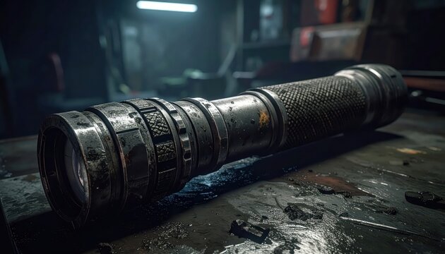Close-up view of a rugged tactical flashlight with knurled metal texture, showing dust and grime, on a workbench