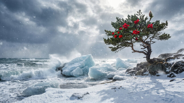 Stormy coastal winter scene with lone tree on snowy shore and crashing waves