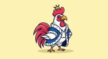 Royal King Rooster Cartoon Mascot Illustration Wearing Crown and Blue Robe. © Caroline Studio