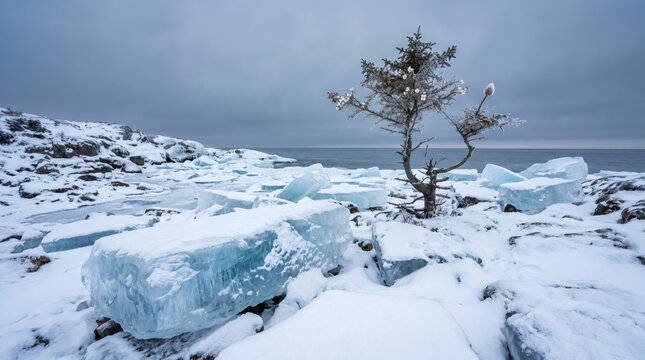 Lonely Tree in Snowy Coastal Landscape with Frozen Waves and Overcast Sky