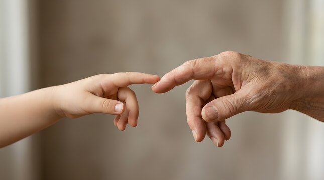 Close up of a child hand and an elderly senior hand touching index fingers, representing generation gap, connection, aging, family love, and support