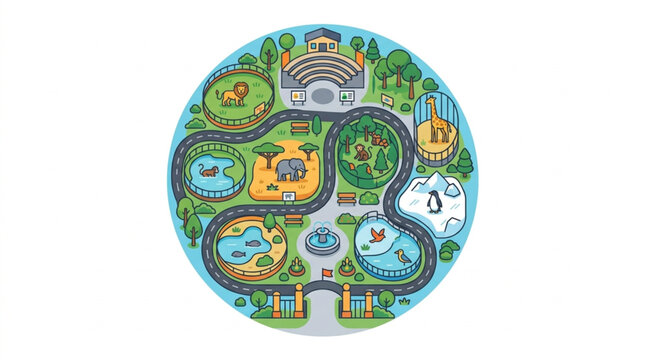 Circular cartoon map of a zoo with animals and attractions.
