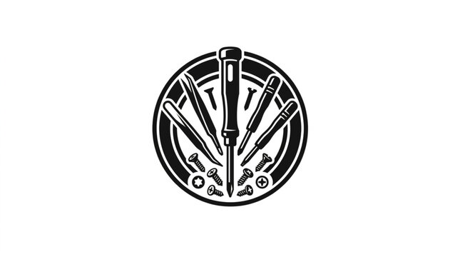 Circular emblem featuring various hand tools and fasteners.