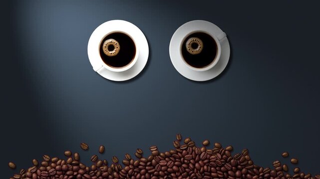 Coffee background for graphic with 2 cups eyes and espresso beans at the bottom and blank space on dark blue background.