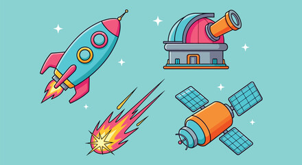 Space exploration elements including rocket telescope meteor and satellite. © Caroline Studio