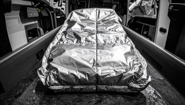 Compact silver emergency foil blanket still folded in its protective packaging, ready for survival gear needs
