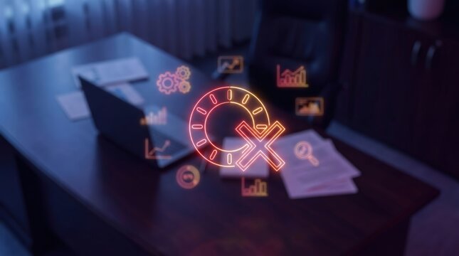 System Error and Data Breach Concept: Laptop on Executive Desk with Glowing Red Holographic Loading Ring and Error Cross Mark