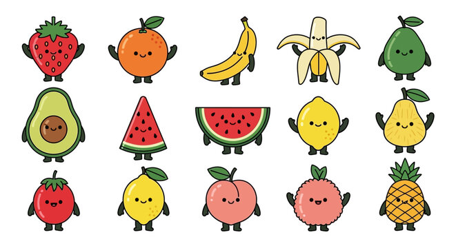 Adorable collection of cartoon fruits with happy faces and tiny legs.