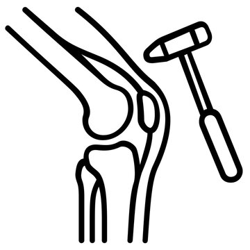 Percussion reflex hammer depicted as a sharp medical line emblem for neurology specialists, orthopedic screening tools, and clinical diagnostic apps focused on sensorimotor assessment and physical