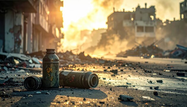 Discarded tear gas canisters lie scattered on a debris-strewn city street after a violent riot disperses amidst smoke and fire.