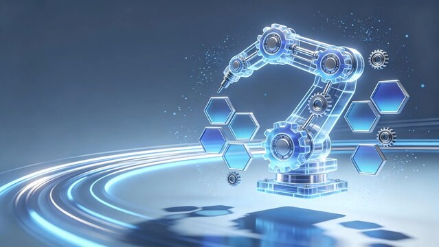 Transparent glowing blue robotic arm with gears and hexagon frames on gradient blue background showing modern artificial intelligence and smart manufacturing