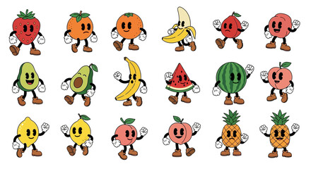 Fototapeta premium Collection of Retro Cartoon Fruit Characters with Expressive Faces and Limbs.