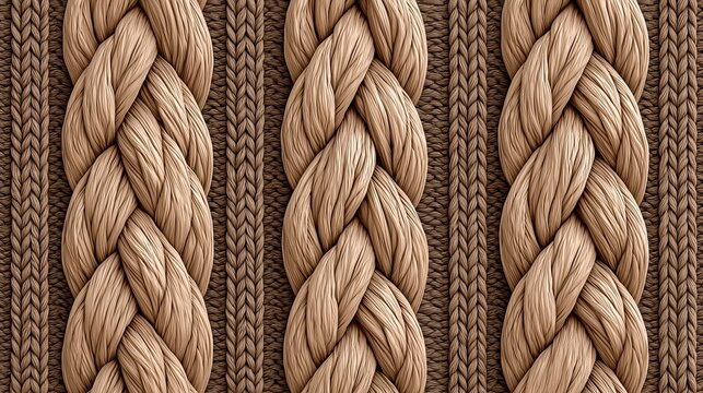 Full seamless repeating pattern of thick braided beige rope with textured woven background showing natural neutral textile texture for design use