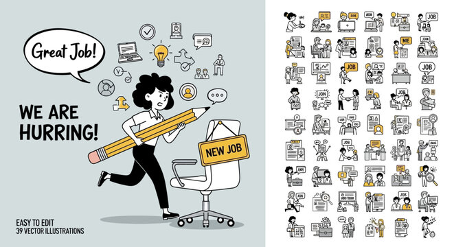 Excited employee running with large pencil to join new job after receiving great job feedback, business and career growth concept illustration