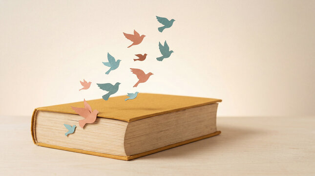 book with colorful paper birds flying out imagination concept