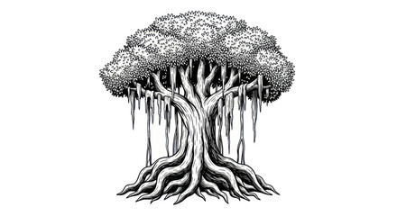 Intricate Banyan Tree Illustration with Dangling Roots and Lush Canopy © wowo