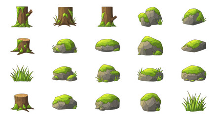 Pixel Art Forest Elements: Mossy Rocks and Tree Stumps © wowo
