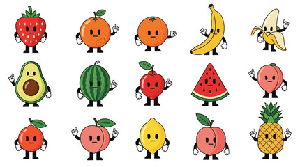 Fototapeta premium Collection of various cartoon fruits with faces and hands.