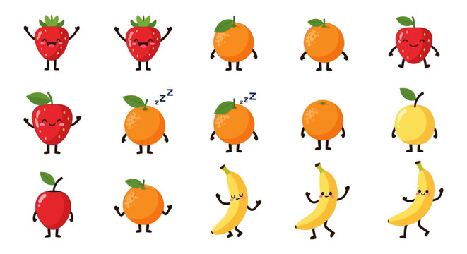 Collection of various cartoon fruits with different facial expressions and poses.