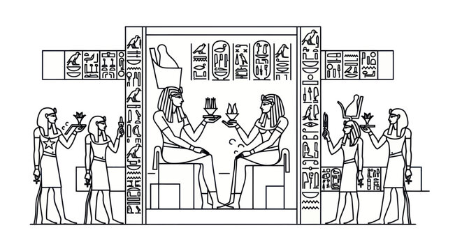 Ancient Egyptian Hieroglyphs and Figures - Line Art Illustration