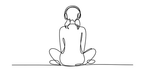 Obraz premium Woman sitting cross-legged wearing headphones, continuous line drawing