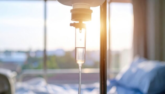 Close-up view of a clear intravenous IV drip chamber with saline solution dripping slowly, illuminated by soft sunlight filtering through a window.