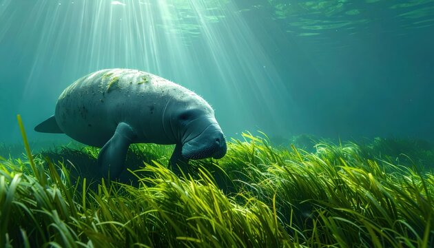 Serene Manatee Gracefully Grazes on Lush Sea Grass Amidst Sunlit Underwater Depths, A Peaceful Marine Mammal Encounter.