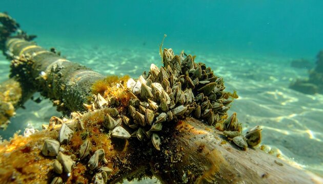 Thriving colony of barnacles encrusting submerged driftwood on the ocean floor, showcasing diverse textures and natural shapes.