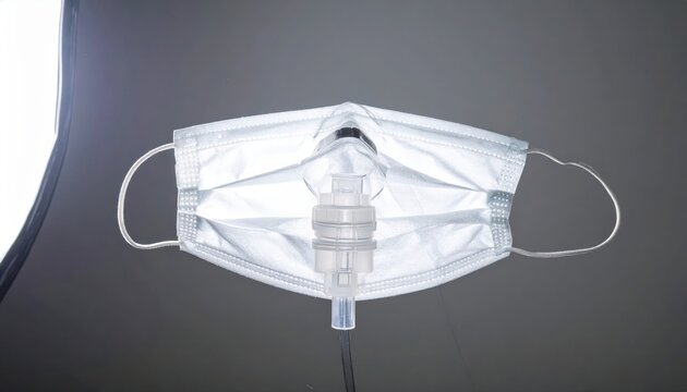 Disposable medical mask with integrated oxygen or gas delivery nebulizer component against a neutral background.