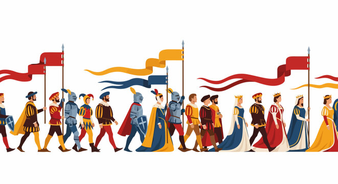 Procession of Renaissance Figures in Colorful Attire and Flags.