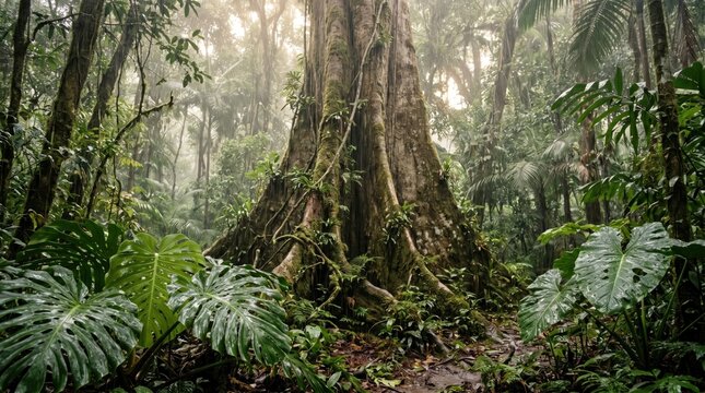 Majestic ancient tree with large buttress roots in a lush, misty tropical rainforest