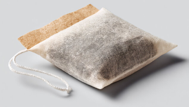Tea bag with string on gray background.