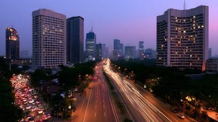 Fototapeta premium Dramatic cityscape view of modern skyscrapers illuminated at dusk with vibrant evening traffic light trails
