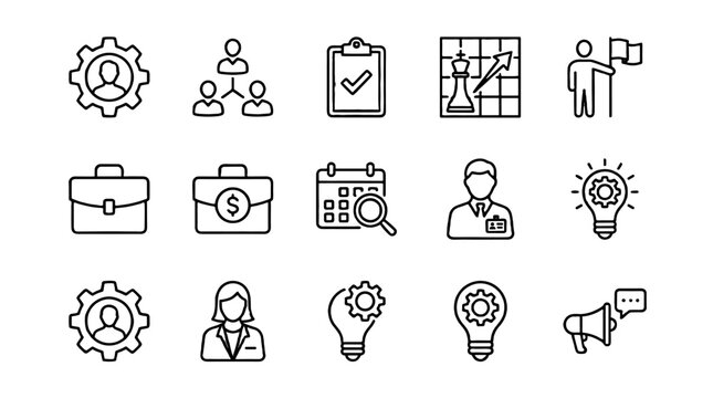 Management and business line icon set with teamwork symbols