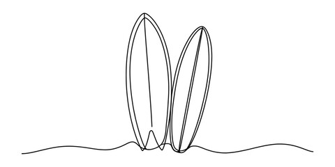 Two surfboards standing upright on a wavy surface, simple line art style © Jotish_Design Store