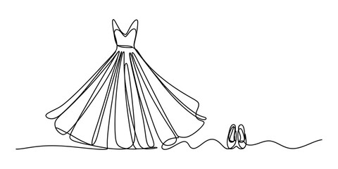 Single continuous line drawing of a flowing ball gown and ballet slippers, elegant fashion concept © Jotish_Design Store