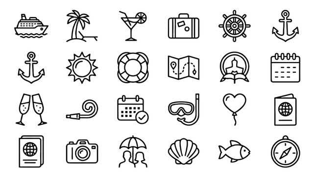 Cruise travel and vacation line icon set