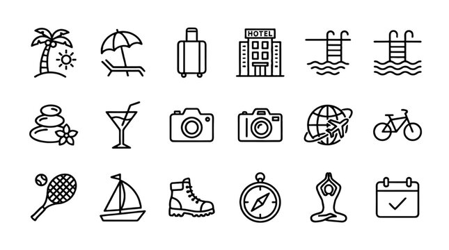 Resort and vacation line icon set with travel leisure symbols