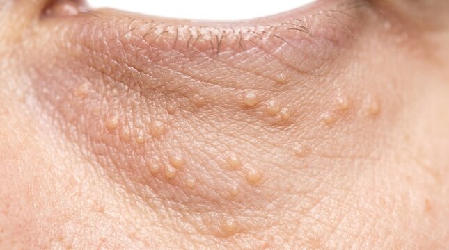 Macro View of Milia or Syringoma Bumps on Under Eye Skin