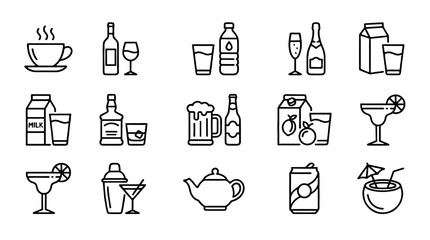 Naklejka na ściany i meble Drink and beverage line icon set with cups bottles and glasses