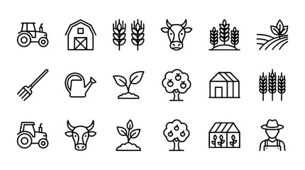 Obraz premium Agriculture outline icon set with farm tools and crops